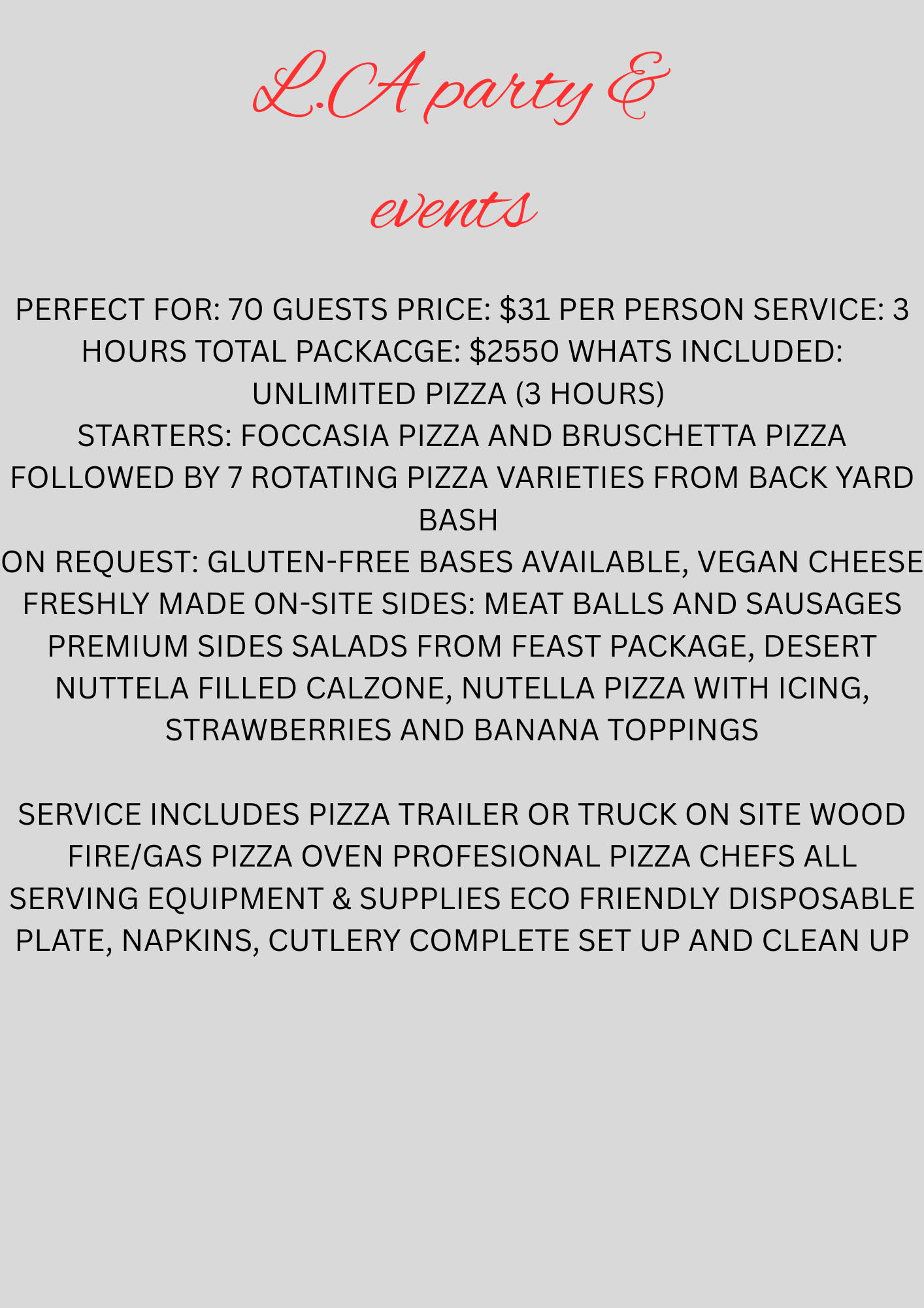 Wood fire pizza catering packages - L.A party and events hire